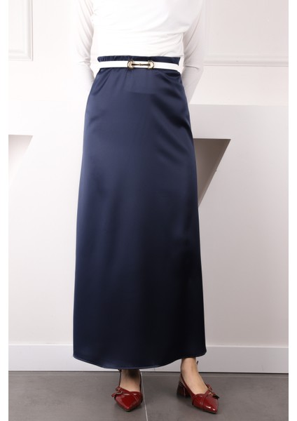 Lacivert Yan Fermuarlı Saten Kloş Etek modelleri