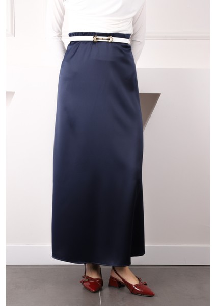 Lacivert Yan Fermuarlı Saten Kloş Etek fırsatları