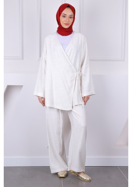 Krem Ön Bağlamalı Kimono Pantolonlu Takım
