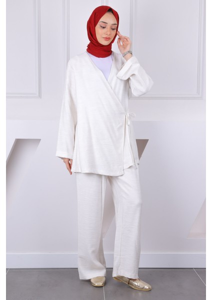 Krem Ön Bağlamalı Kimono Pantolonlu Takım fiyatları