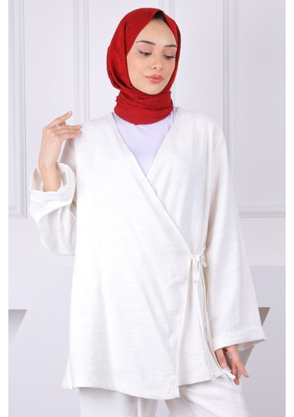 Krem Ön Bağlamalı Kimono Pantolonlu Takım fırsatları