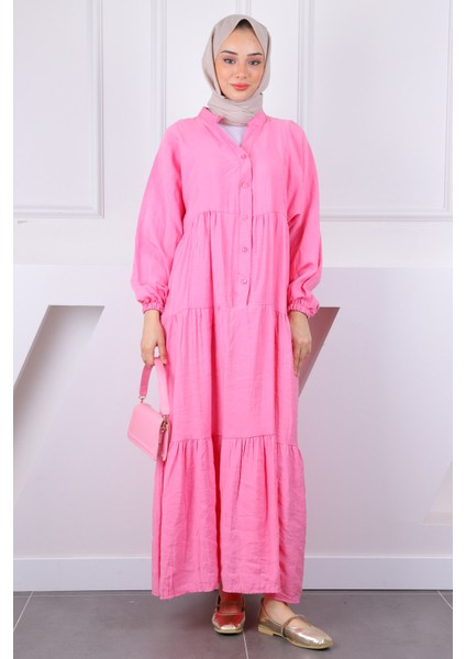 Pembe Yarım Düğmeli Modal Elbise