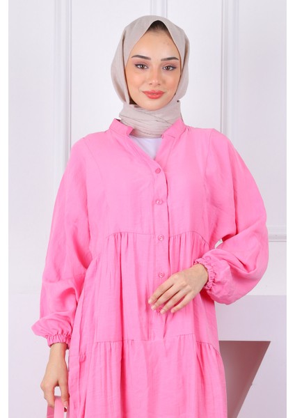 Pembe Yarım Düğmeli Modal Elbise fırsatları