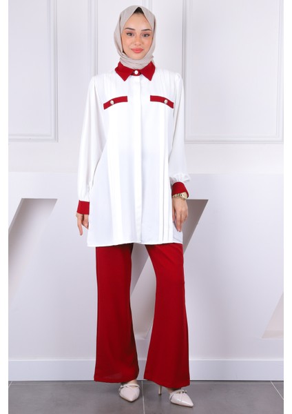 Bordo Düğmeli Tunik Pantolonlu Takım