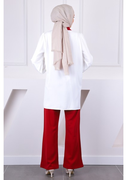 Bordo Düğmeli Tunik Pantolonlu Takım modelleri