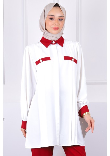 Bordo Düğmeli Tunik Pantolonlu Takım fırsatları