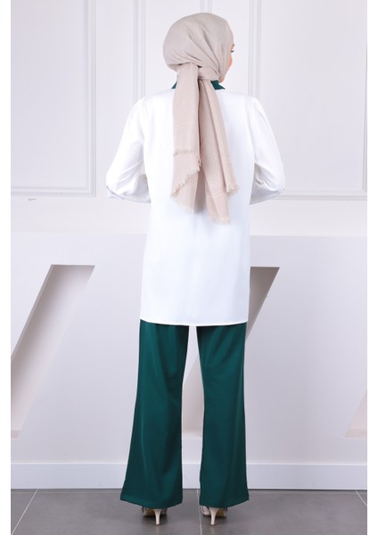 Zümrüt Yeşili Düğmeli Tunik Pantolonlu Takım modelleri