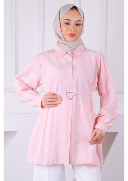 Pembe Kuşaklı Düğmeli Gömlek