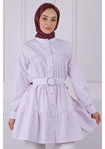 Bordo Hakim Yaka Çizgili Poplin Tunik