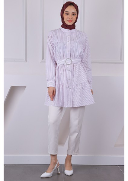 Bordo Hakim Yaka Çizgili Poplin Tunik fiyatları
