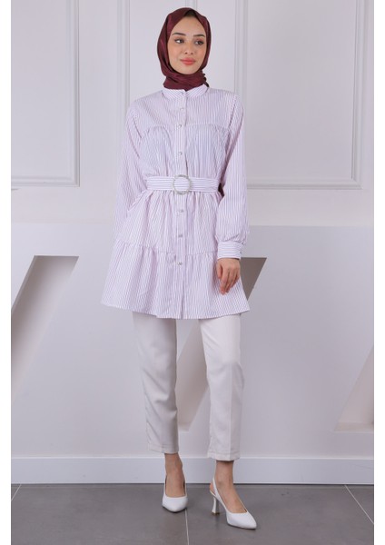 Bordo Hakim Yaka Çizgili Poplin Tunik modelleri