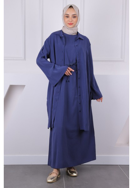 Lacivert Beli Ipli Tunik Elbise Kombin Takım