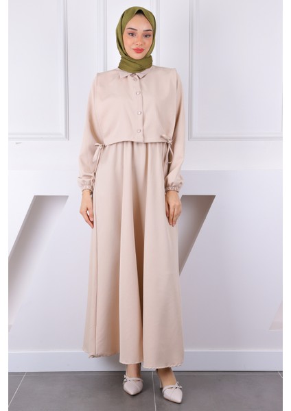 Bej Gömlek Süveterli Elbise Kombin Takım