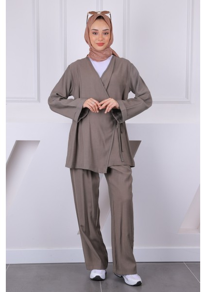Haki Ön Bağlamalı Kimono Pantolonlu Takım