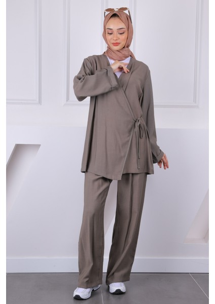 Haki Ön Bağlamalı Kimono Pantolonlu Takım fiyatları