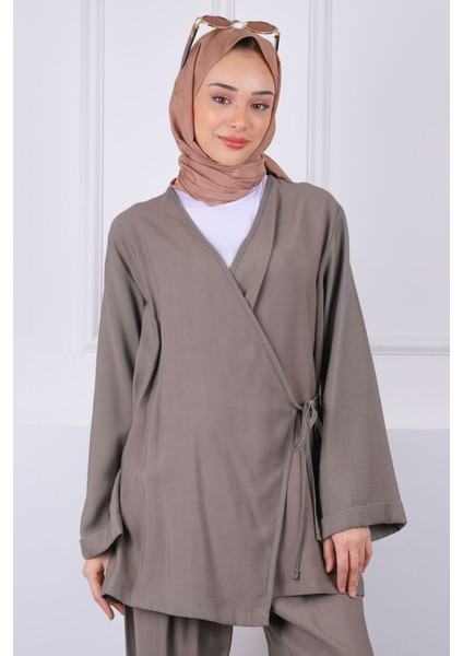 Haki Ön Bağlamalı Kimono Pantolonlu Takım fırsatları