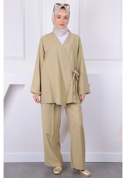 Yağ Yeşili Ön Bağlamalı Kimono Pantolonlu Takım