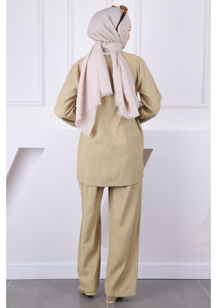 Yağ Yeşili Ön Bağlamalı Kimono Pantolonlu Takım modelleri