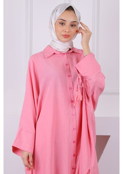 Pembe Yarasa Kol Püskül Detaylı Tunik