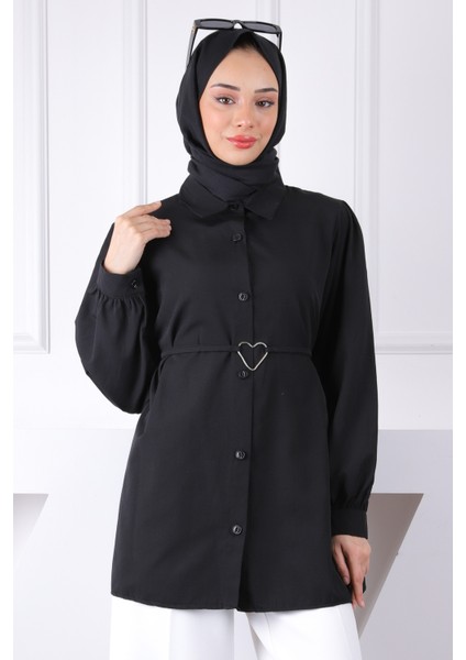 Siyah Kuşaklı Düğmeli Gömlek