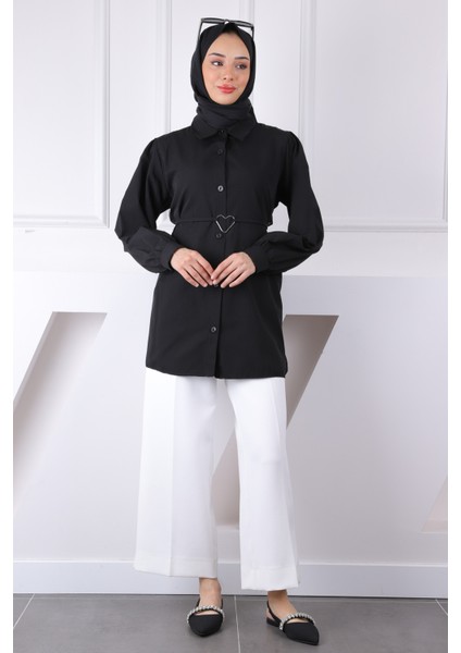 Siyah Kuşaklı Düğmeli Gömlek modelleri