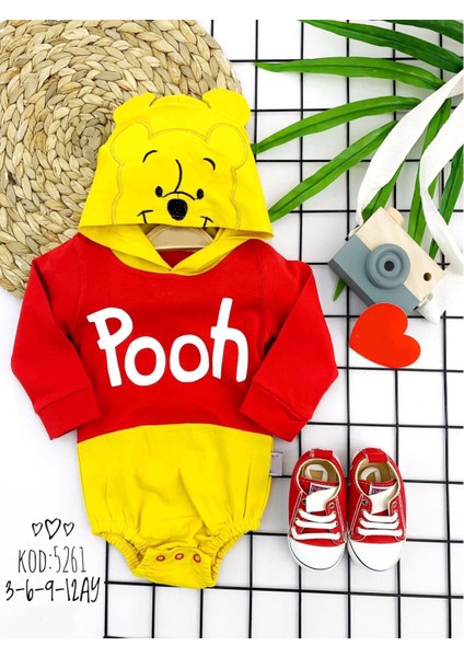Miraylife 3-6-9-12 Ay Kapşonlu Pooh Desenli Uzun Kollu Kız Erkek Bebek Bady &zıbın