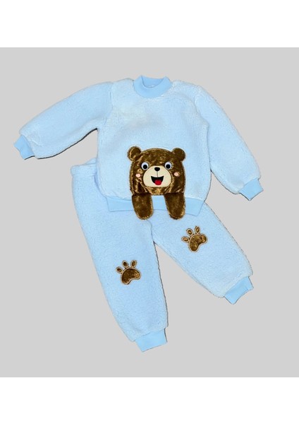 Miraylife 1-2-3 Yaş Sallanan El Ayıcıklı Kuzu Kumaş Sweat Patili Pantolon Uzun Kollu Kız Erkek 2 Li Takımı