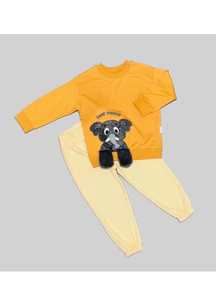 Miraylife 1-2-3 Yaş Filli Sallanan Ayak Desenli Likra Penye Kumaş Sweat Pantolonlu Kız Erkek 2li Çocuk Takımı