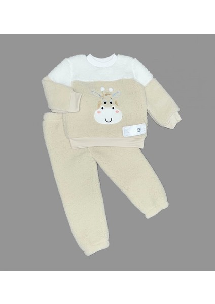 Miraylife 1-2-3 Yaş Ponponlu Zürafa Desenli Kuzu Kumaş Uzun Kollu 2li Kız Erkek Çocuk Takımı