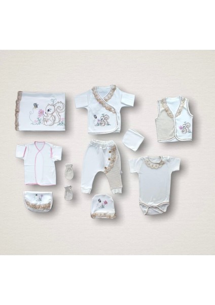 Miraylife Minik Sincap Nakışlı %100 Cotton Antibakteriyel 10LU Zıbın Takımı Hastane Çıkışı