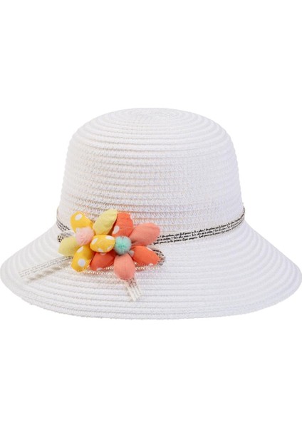 Çiçekli Hasır Kız Bebe Şapka 1-3 Yaş Beyaz