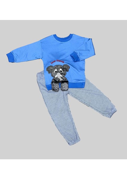 Miraylife 1-2-3 Yaş Filli Sallanan Ayak Desenli Likra Penye Kumaş Sweat Pantolonlu Kız Erkek 2li Çocuk Takımı