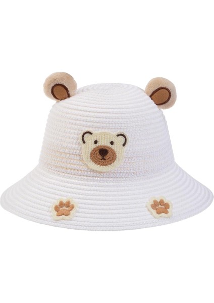 Ayı Kulaklı Hasır Kız Şapka 1-3 Yaş Beyaz