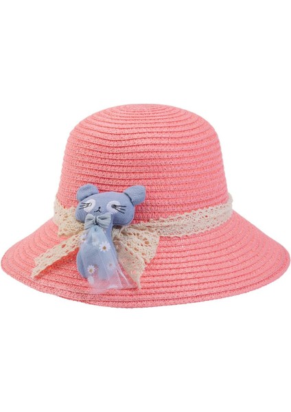 Kedili Hasır Kız Şapka 1-3 Yaş Pembe
