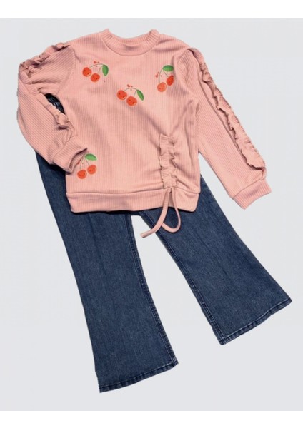 Miraylife 4-5-6 Yaş Kot Pantolonlu Kiraz Desenli Penye Sweat Uzun Kollu 2li Kız Çocuk Takımı