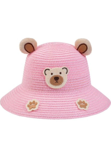 Ayı Kulaklı Hasır Kız Şapka 1-3 Yaş Pembe
