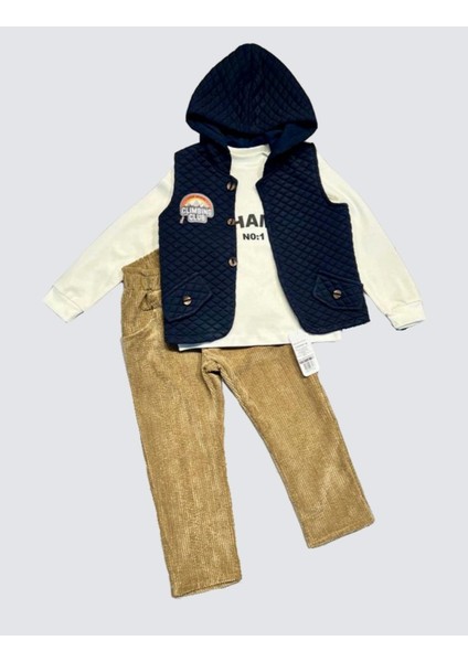 Miraylife 3-4-5 Yaş Fitilli Kadife Pantolon Kapitone Kapşonlu Yelek Uzun Kollu Sweat 3lü Erkek Çocuk Takımı modelleri