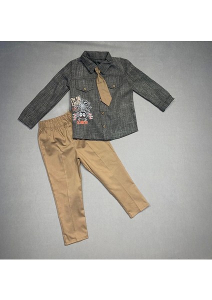 Miraylife 3-4-5 Yaş Kravatlı Keten Gömlek Gabardin Pantolon Uzun Kollu 3lü Erkek Çocuk Takımı