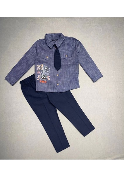 Miraylife 3-4-5 Yaş Kravatlı Keten Gömlek Gabardin Pantolon Uzun Kollu 3lü Erkek Çocuk Takımı