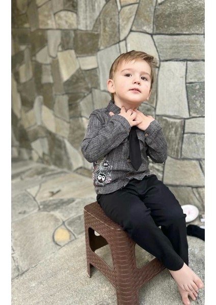 Miraylife 3-4-5 Yaş Kravatlı Keten Gömlek Gabardin Pantolon Uzun Kollu 3lü Erkek Çocuk Takımı