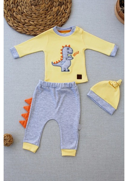 Miraylife 3-6 6-9 9-12 Ay Minik Dino Nakışlı Şapkalı Uzun Kollu Sweat 3lü Kız-Erkek Bebek Takımı