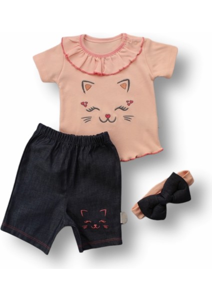 Miraylife 6-9 9-12 12-18 Ay Vip Kedi Baskılı Bandanalı Kısa Kollu Sweat 3lü Kız Bebek Takımı