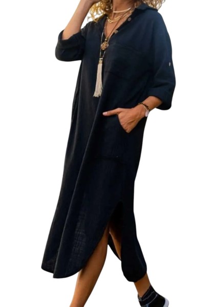 Yıkamalı Keten Yarım Patlı Cepli Elbise