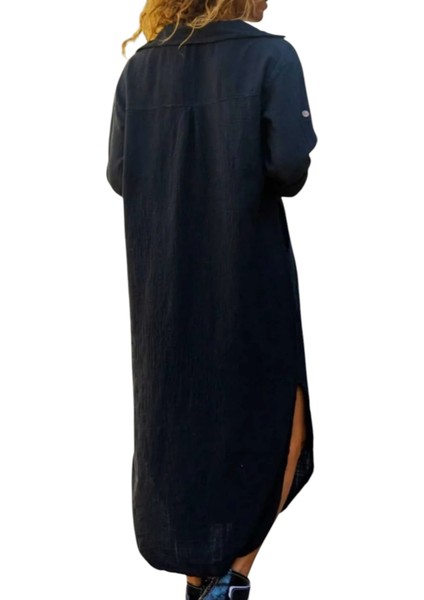 Yıkamalı Keten Yarım Patlı Cepli Elbise fiyatları