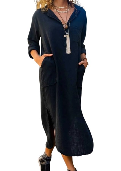 Yıkamalı Keten Yarım Patlı Cepli Elbise modelleri