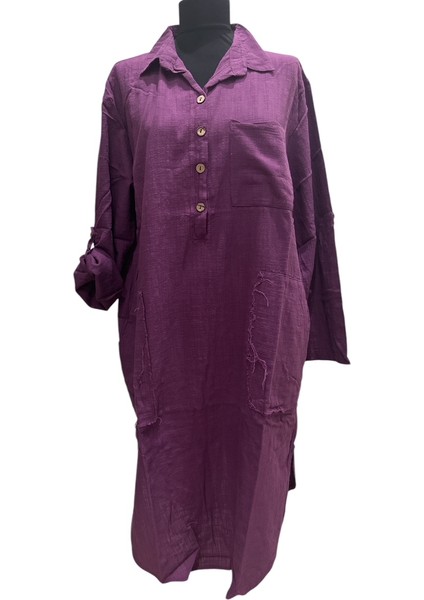 Yıkamalı Keten Yarım Patlı Cepli Elbise