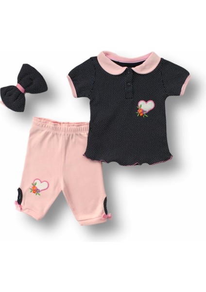 Miraylife 3-6 6-9 9-12 12-18 Ay Uzayın Kalbi Nakışlı Bandanalı Kısa Kollu Sweat 3lü Kız Bebek Takımı