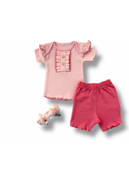 Miraylife 3-6 6-9 9-12 12-18 Ay Düğme Detaylı Bandanalı Kısa Kollu Sweat 3lü Kız Bebek Takımı