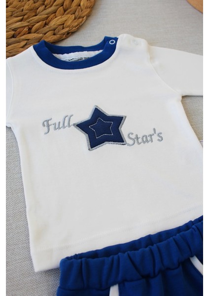 Miraylife 3-6 6-9 9-12 Ay Full Star Nakışlı Şapkalı Uzun Kollu Sweat 3lü Erkek Bebek Takımı
