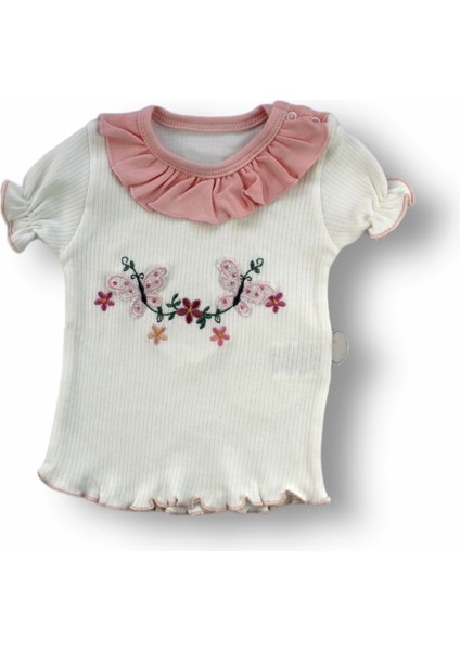 Miraylife 6-9 9-12 12-18 Ay Çiçek Nakışlı Roman Şalvar Bandanalı Kısa Kollu Sweat 3lü Kız Bebek Takımı